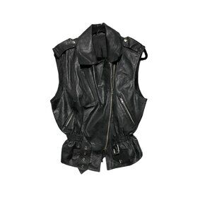 Women's‎ Vest Full Zip Belted Vintage Leather Black Size M Medium